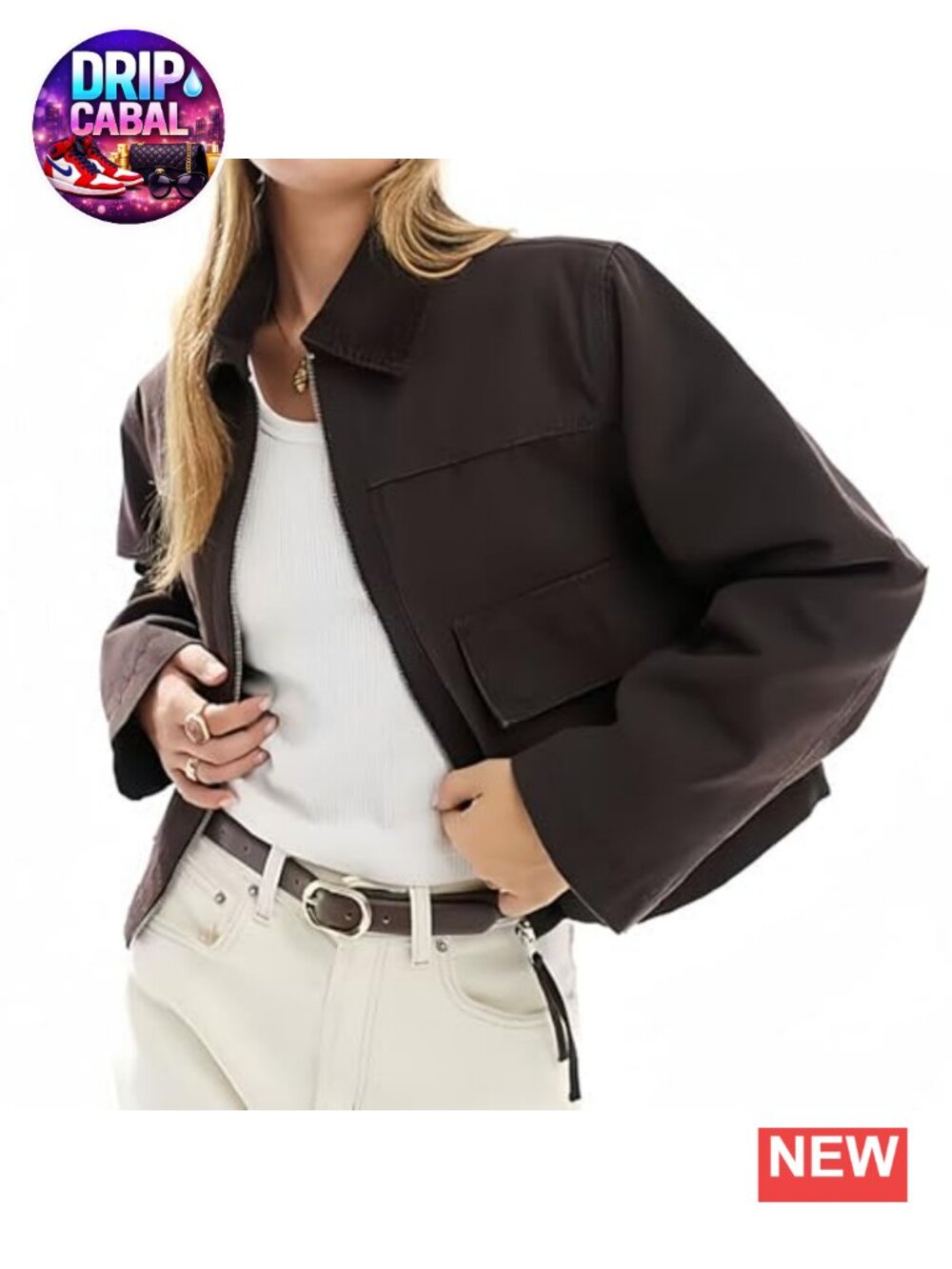 Cropped Utility Jacket Contrast Collar Zip Up Barn Coat